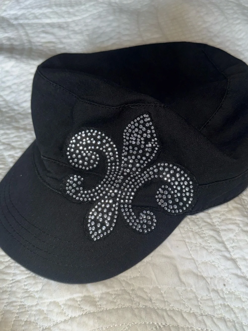 Black Cadet Style Military Cap with Rhinestone Fleur-de-Lis Emblem